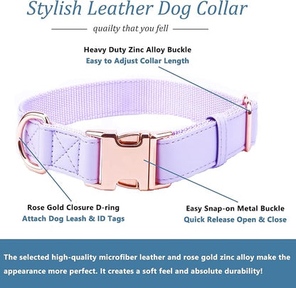 Dog Collar and Leash Set.Soft and Easy to Clean Vegan Leather with Rose Gold Metal Buckle for Small Medium Large Dogs (Light Purple, XS(8"-12"))
