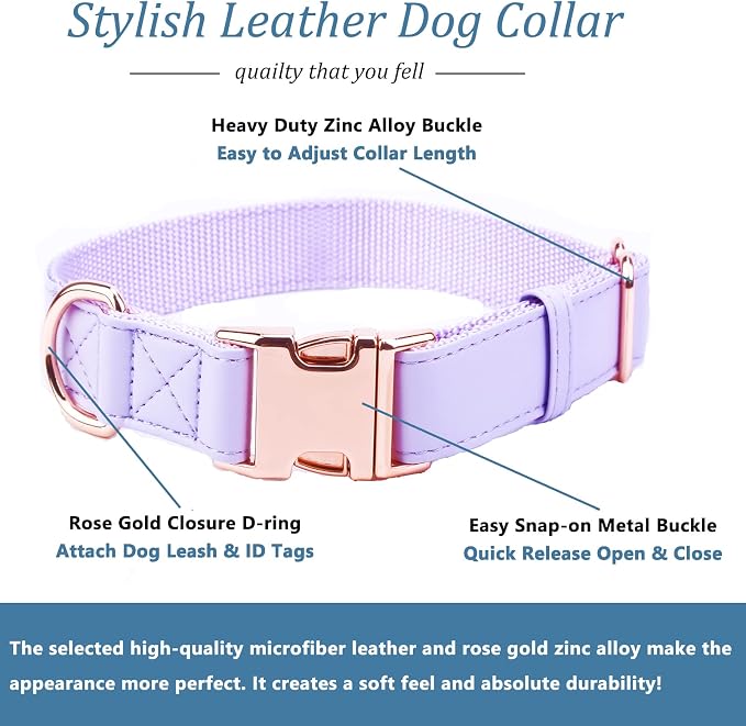Dog Collar and Leash Set.Soft and Easy to Clean Vegan Leather with Rose Gold Metal Buckle for Small Medium Large Dogs (Light Purple, L(15.4”-24.8“)