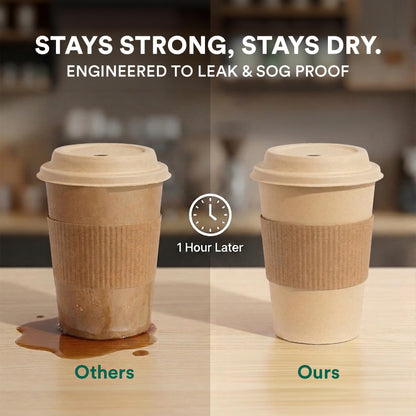 ECO SOUL 50 Pack 16 oz Disposable Coffee Cups with Lids & Sleeves Eco-Friendly, Biodegradable, Compostable, Leak-free & Sturdy To Go Hot Drink Cup for Tea, Chocolate Party Travel Cafe Office & Home
