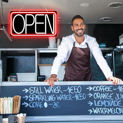 Led Neon Open Signs for Business,16.5"X 9" Ultra Bright Open Signs, Powered by 12V/2A AC Adapter, 6 Levels Adjustable Bright Led Neon Open Sign for Bar Salon Coffee Stores Club Hotel (Black Backplate)