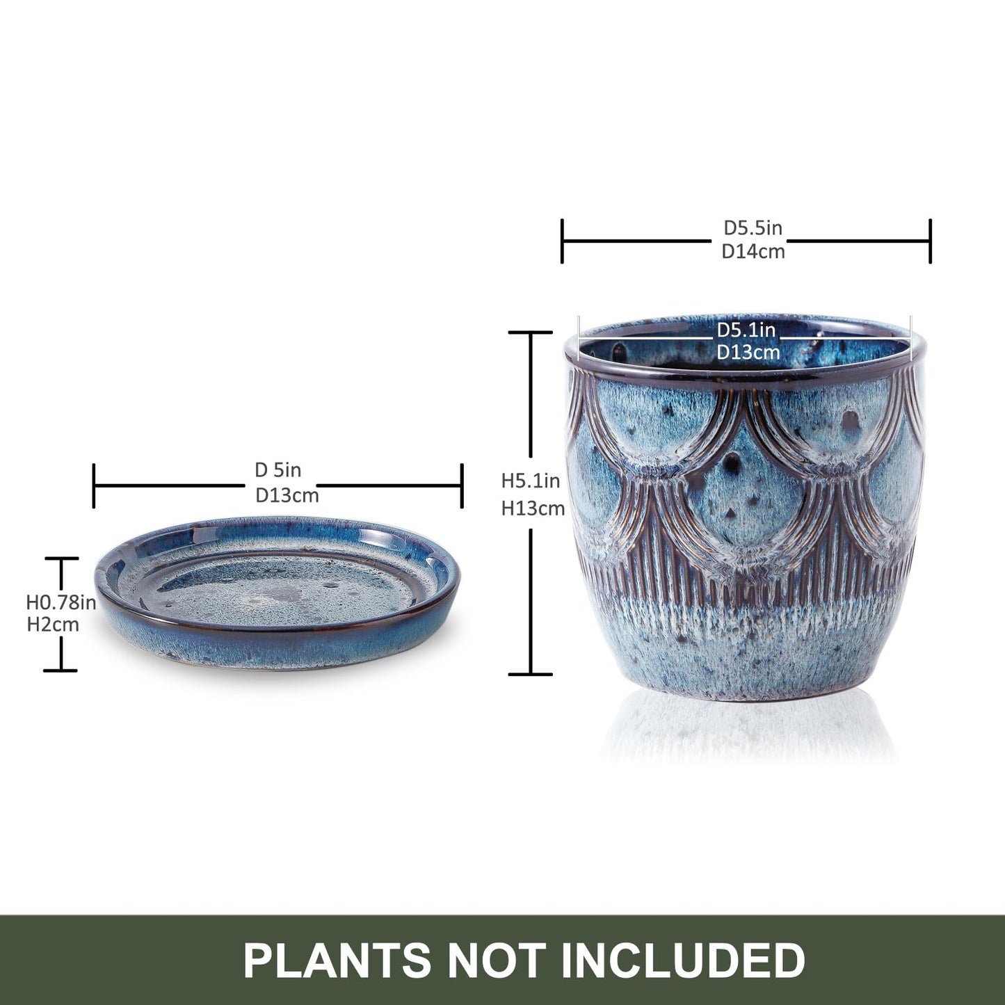 Chralji GIFTWARE Ceramic Planter Pot, 5in, Reactive Glaze Blue, Indoor Outdoor Usage, with Drainage Hole and Saucer