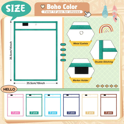 24 Pcs Dry Erase Pocket Reusable Sleeves 10" x 14" Clear Plastic Sheet Protectors with Markers and Mini Dry Erasers for Paper(Advanced Boho)