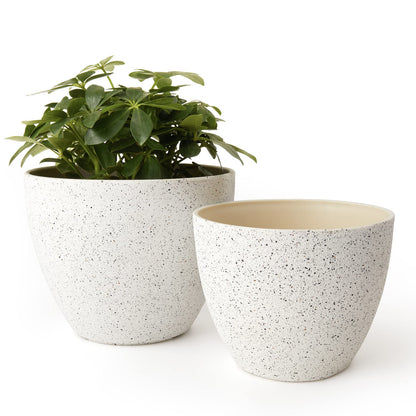LA JOLIE MUSE Flower Pots Outdoor Garden Planters, Indoor Plant Pots with Drainage Holes, Plastic, Speckled White, Set 2 (8.6 + 7.5 Inch)