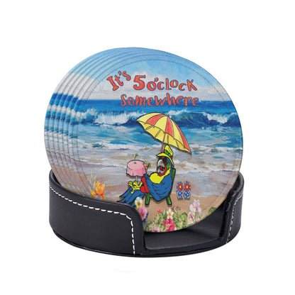 ItS 5 O'Clock Somewhere Parrot Drink Coasters Set of 6 Pack with Holder Able Cup Mat for Hot Cold Drink Non-Slip Housewarming Gifts