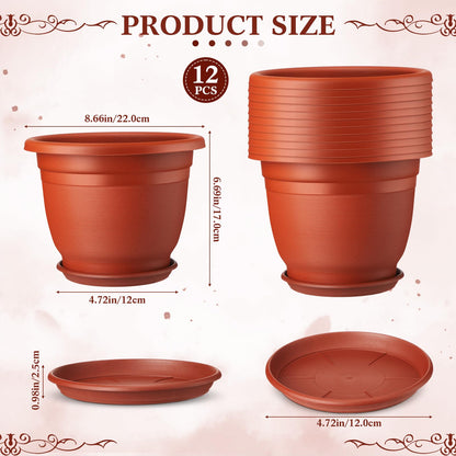 Sunnychicc 12 Pack 8+'' Plastic Plant Pots Round Planter Pots with Saucer Tray Seedling Pots with Holes Seed Resin Plant Pot Starting Nursery Flower Container with Pallet for Garden Outdoor Indoor
