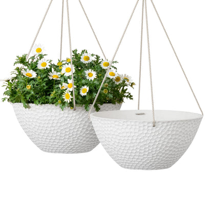 LA JOLIE MUSE Hanging Planters for Outdoor Plants, Large Hanging Planter with Drain Holes, Outdoor Hanging Flower Pots, White Stone, Honeycomb (13.2 Inch, Set of 2)