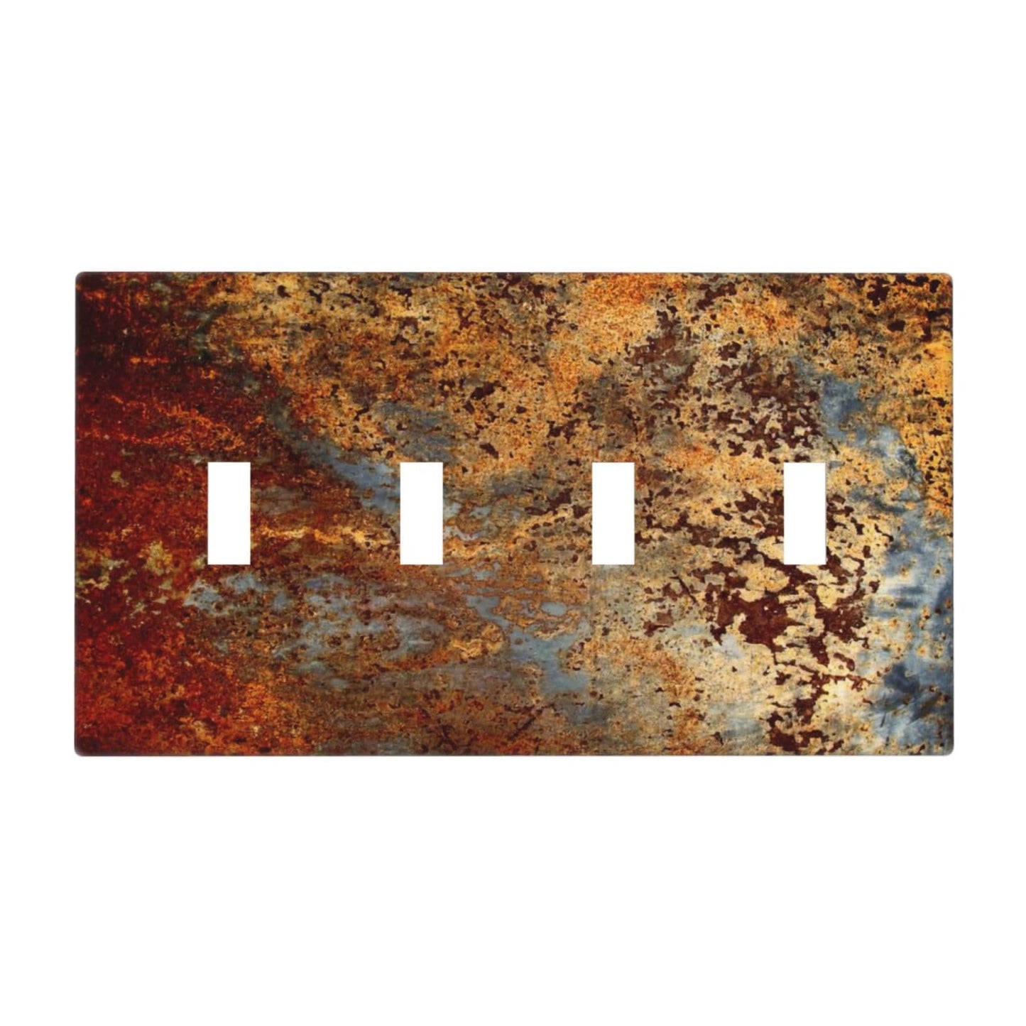 Aged Old Burnt Orange/Brown Copper Rust Metal Decorative 4-Gang Quad Toggle Light Switch Wall Plate Cover, Modern Graffiti Mossy Quadruple Toggle Device Switches Wall Plate Outlet Covers Standard Size
