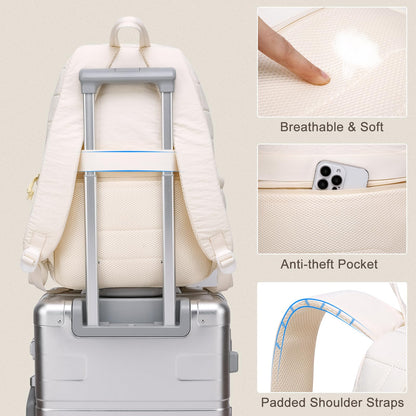 kadilong Laptop Backpack for Women College Travel,Quilted Daypack Bookbag for School Teen Girls Mochilas Mujer,Beige