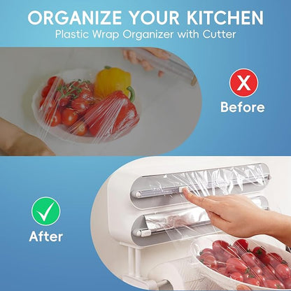 Magnetic Plastic Wrap Dispenser with Cutter,3 in 1 Aluminum Foil and Plastic wrap Organizer with Paper,Wall Mount Kitchen Wrap Dispenser - Fits 12" Roll, White (Wooden)