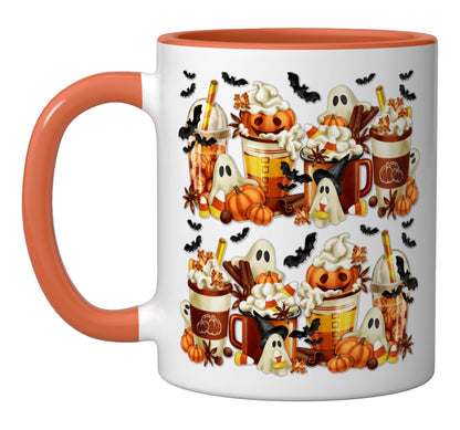 Halloween Pumpkin Spice Funny Ghost Bats Decor Candy Corn Ceramic Mug, Orange/White
