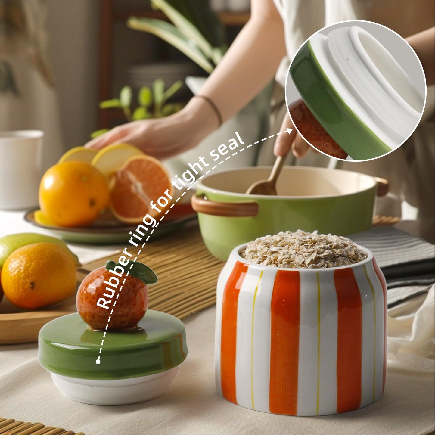 DIF DECO Cookie Jars with Lid Airtight, Hand Painted Orange Ceramic Food Storage Containers with Lids for Home Decor and Kitchen Countertops, For Coffee, Spices, Sugar, Tea, Salt, Honey, Candy, Nut