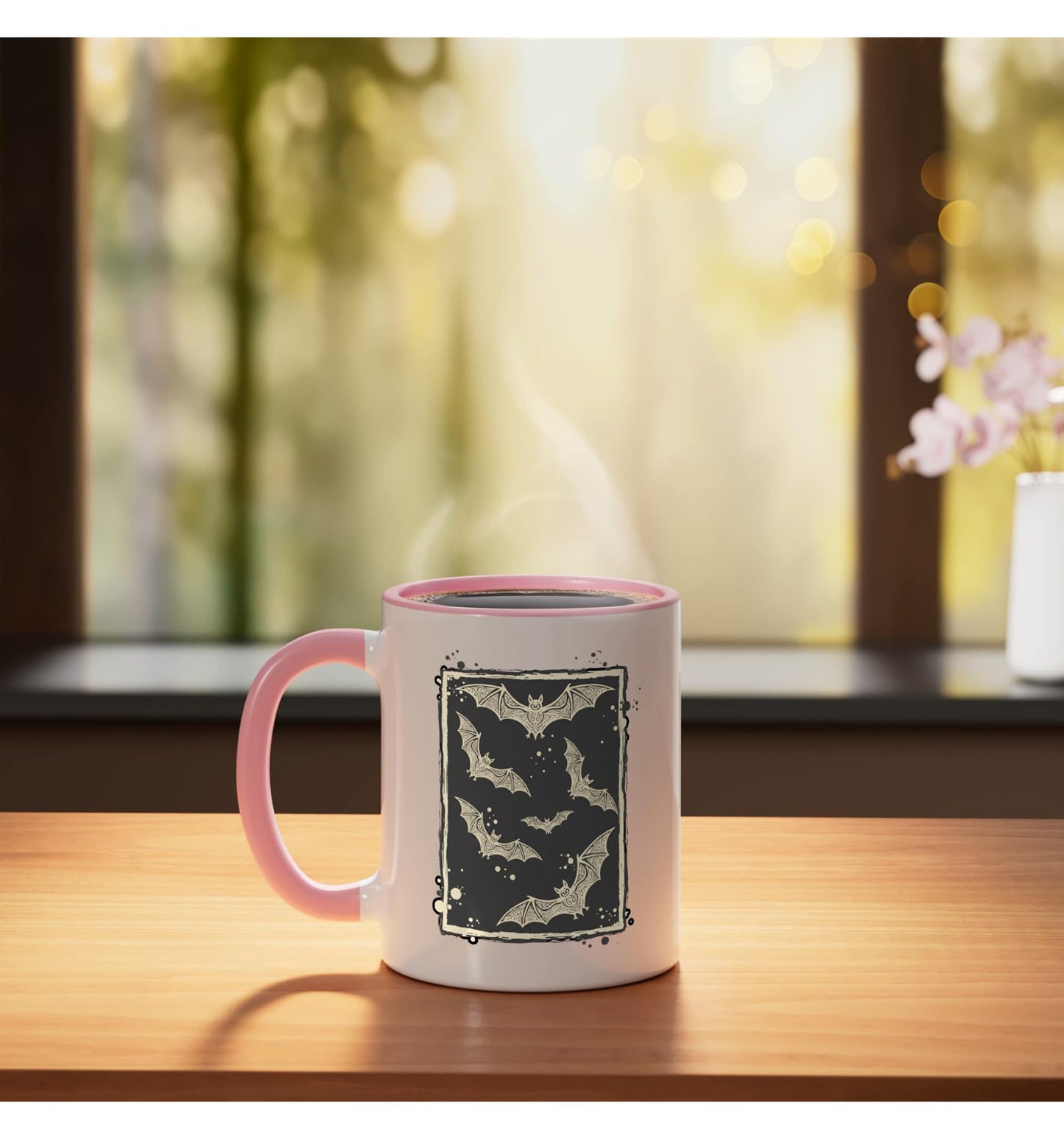 Halloween Ornate Bats Vintage Gothic Bat Illustration Ceramic Mug, Pink/White
