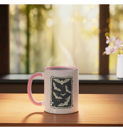 Halloween Ornate Bats Vintage Gothic Bat Illustration Ceramic Mug, Pink/White