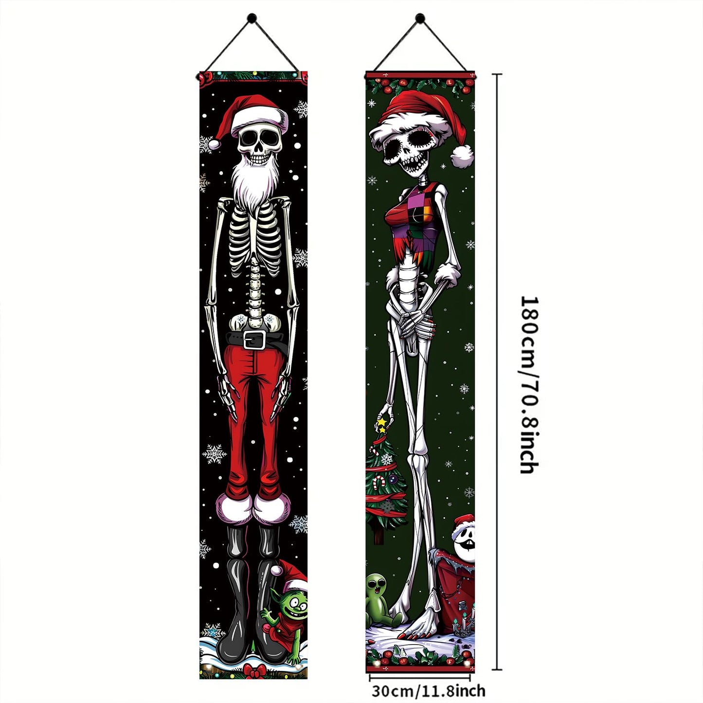 Saoplasa 2PCS Christmas Skeleton Porch Banner Decorations 71 x 12 Inch Holiday Skeleton Couple Front Door Hanging Sign Santa Hat Red Green Outfit Outdoor Wall Decor for Winter Party Yard Entrance