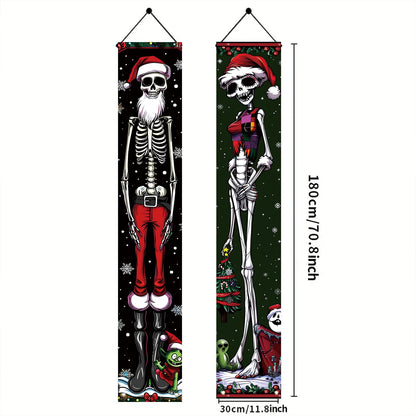 Saoplasa 2PCS Christmas Skeleton Porch Banner Decorations 71 x 12 Inch Holiday Skeleton Couple Front Door Hanging Sign Santa Hat Red Green Outfit Outdoor Wall Decor for Winter Party Yard Entrance