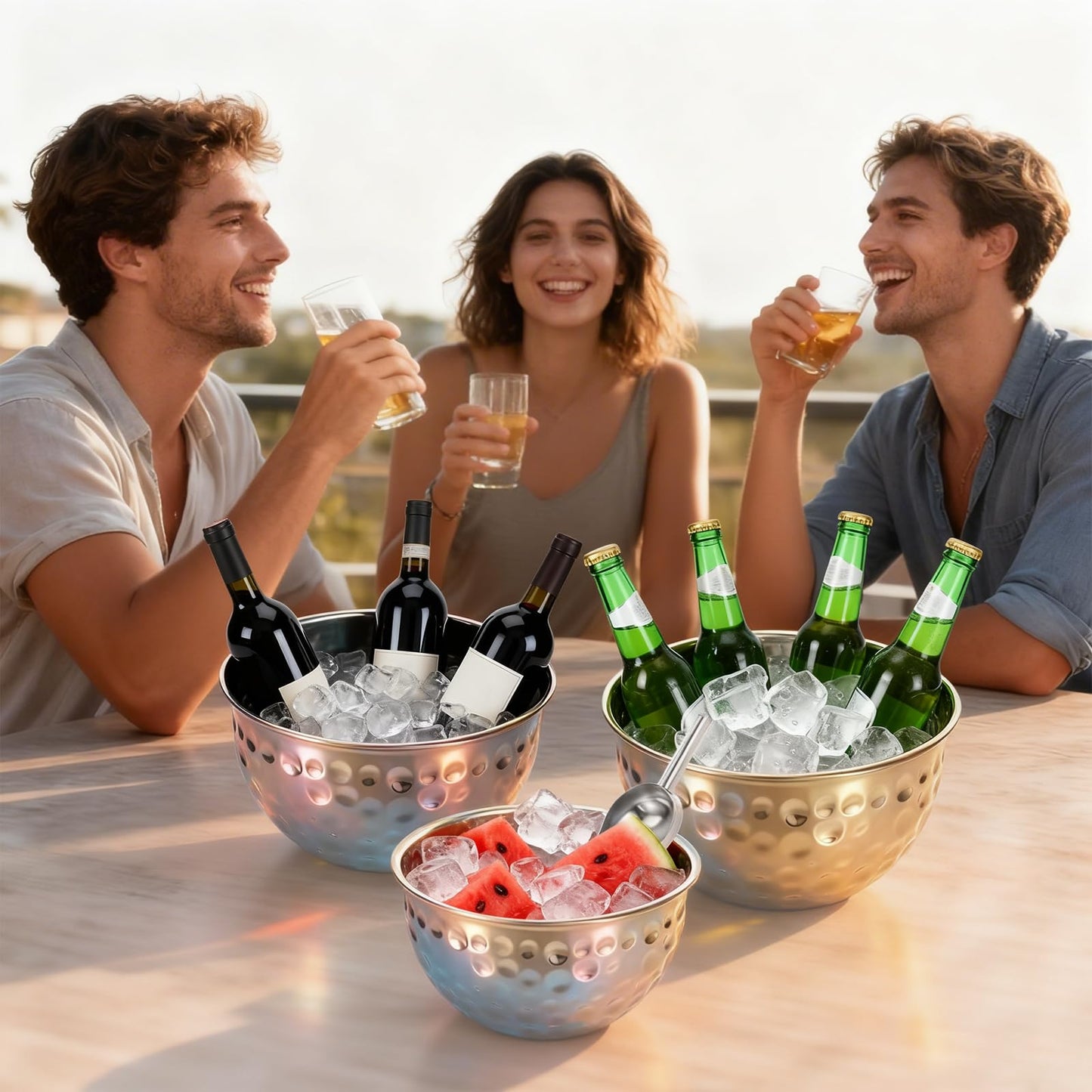 3 Pack Ice Bucket 4.6/6/7.5L Stainless Steel Beverage Tub with 2 Scoop Leak-Proof Wine Bucket Large Metal Ice Buckets for Parties Champagne Bucket for Cocktails Beer Juice, Dishwasher Safe