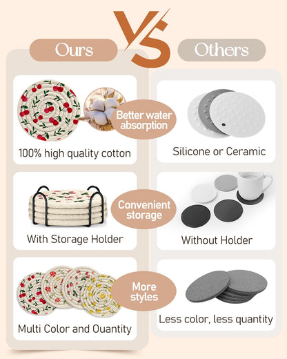 Kokaaee Drink Coasters Set of 4 - Cute Absorbent Cup Coasters for Drinks Coffee Table Office Home Desk Decor Soft Woven Cotton Cloth Braided Fabric Drinking Cup Mat with Holder Mushroom Cherry Fruit