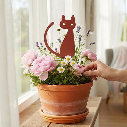 Elegant Cat Metal Garden Stake – Powder-Coated Steel Plant Pick for Pots & Planters, Rustic Indoor/Outdoor Decorative Accent