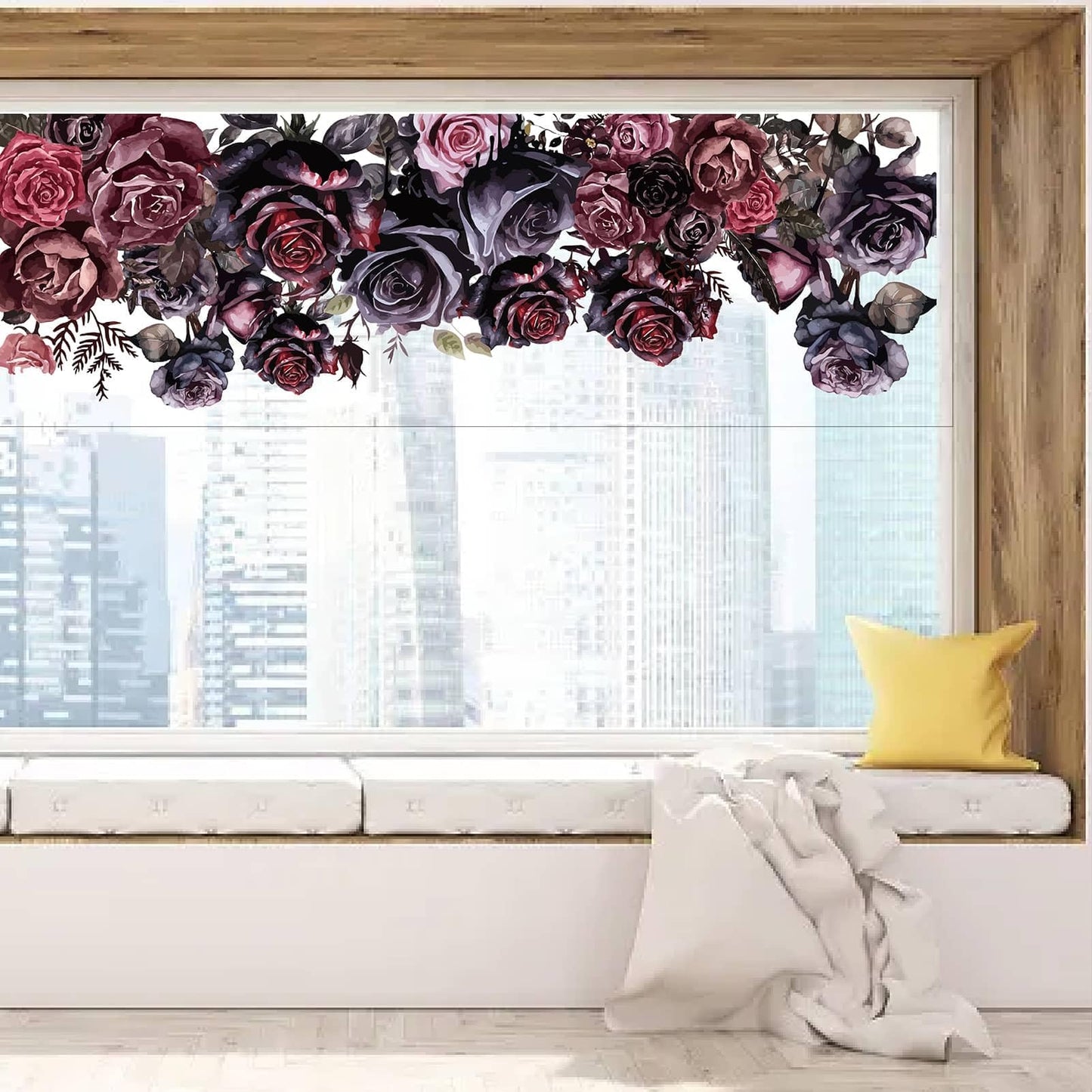 GORGECRAFT 118x39cm Large Rose Window Decals Dark Roses Flower Window Clings Halloween Decorations Self Adhesive Deep Stained Stickers Anti-Collision Floral Leaf Decals for Glass Sliding Door