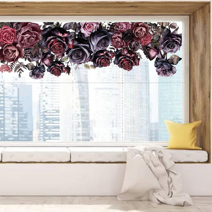 GORGECRAFT 118x39cm Large Rose Window Decals Dark Roses Flower Window Clings Halloween Decorations Self Adhesive Deep Stained Stickers Anti-Collision Floral Leaf Decals for Glass Sliding Door