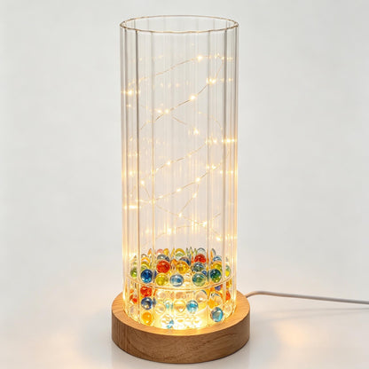Wisifayardin Ribbed Glass Cylinder Vase with LED Light Base - 7.9 Inch Clear Fluted Bud Vase for Flowers Pampas Grass, Light Up Terrarium Fish Bowl Centerpiece, Home Decor Gift