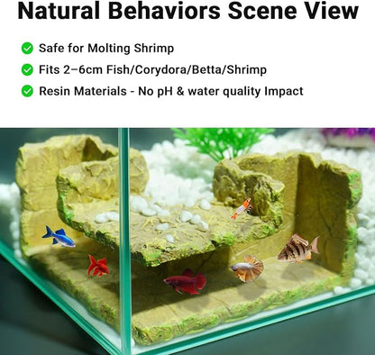90° Corner Fish Cave Viewing Tunnels | Realistic Rock Formation Hideout for Shrimp, Plecos, Cichlids | BPA-Free Premium Resin, Safe for Aquarium (5.3”x5.3”x2.8”)