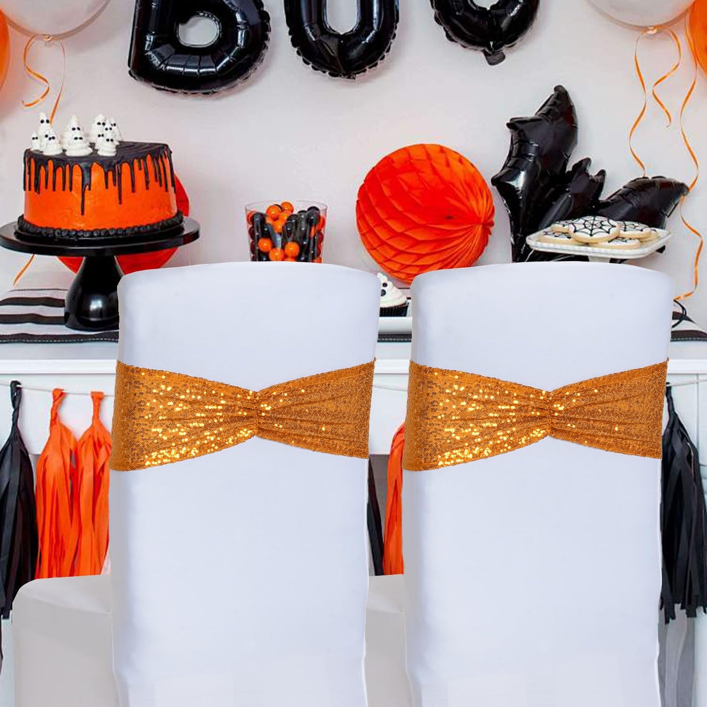 Poise3EHome Orange Sequin Chair Sashes 50 Pack,Folding Chair Cover Bands for Halloween Wedding Party Ceremony Banquet Decorations