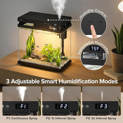Vehipa Fish Tank, 2.2 Gallon Smart Aquarium, Small Fish Aquarium Kits with Smart Humidifier, Auto Feeder, Silent Water Pump, Temperature Display & 7-Color Lighting, for Office & Home - Black