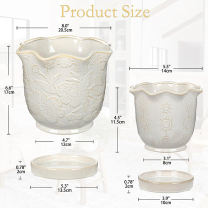 Set of 2 Ceramic Flower Pots, 8" & 5.5" Plant Pots Indoor with Drainage Hole and Saucers, Large Embossed Sunflower Planter Pot, Decorative Scalloped Rim Ceramic Pots for Plants Orchid Snake Outdoor