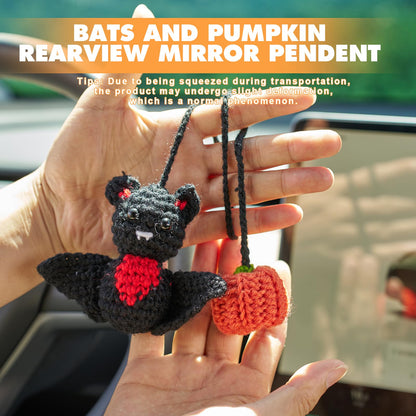 Rislobx Crochet Bat and Pumpkin Car Rearview Mirror Hanging, Knitted Cute Halloween Bat Car Charm Ornament, Handmade Pendant Mirror Decor Auto Interior Accessories (Pumpkin)