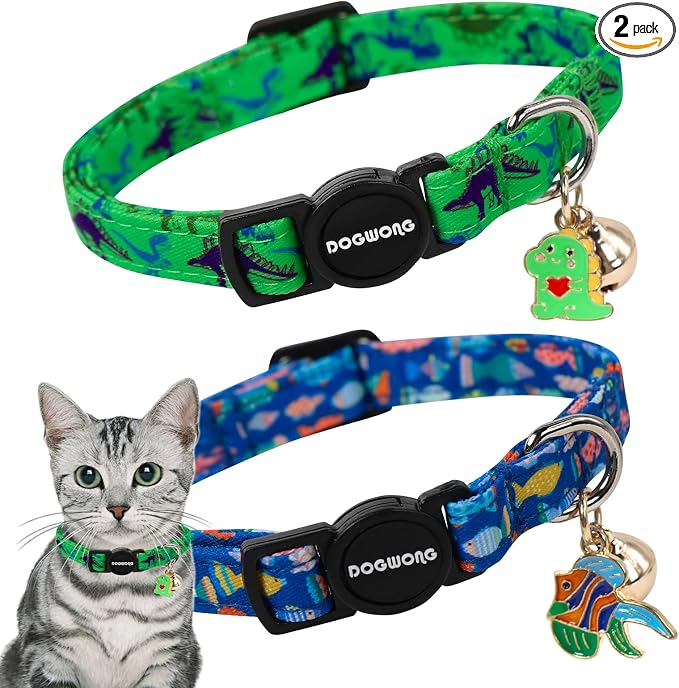 2 Pack Cotton Kitten Collars with Bells and Removable Charms, Cute Dinosaurs Collar for Indoor Boy, Girl and Adult Cats，Adjustable Kitten Collar 7-12 Inch