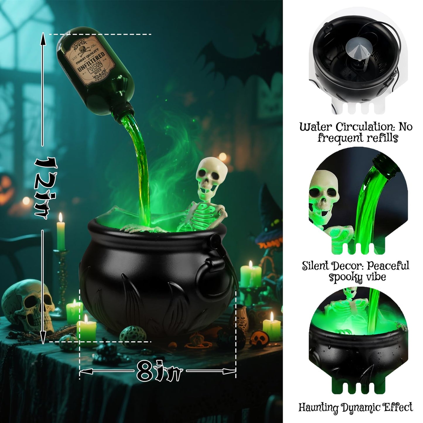 Halloween Decorations Indoor, Cauldron Halloween Decor Set with Magic Floating Potion Bottles Skeleton Mist Maker, Black Witches Cauldron Diffuser for Home Kitchen Mantel Party Decor