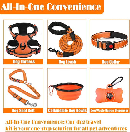 LOBEVE No Pull Dog Harness, Collar & Leash Set | Includes Dog Seat Belt, Collapsible Bowls & Poop Bag Dispenser. Ideal for Training, Walking, Hiking. Fits Small to Large Dogs(Orange-S)