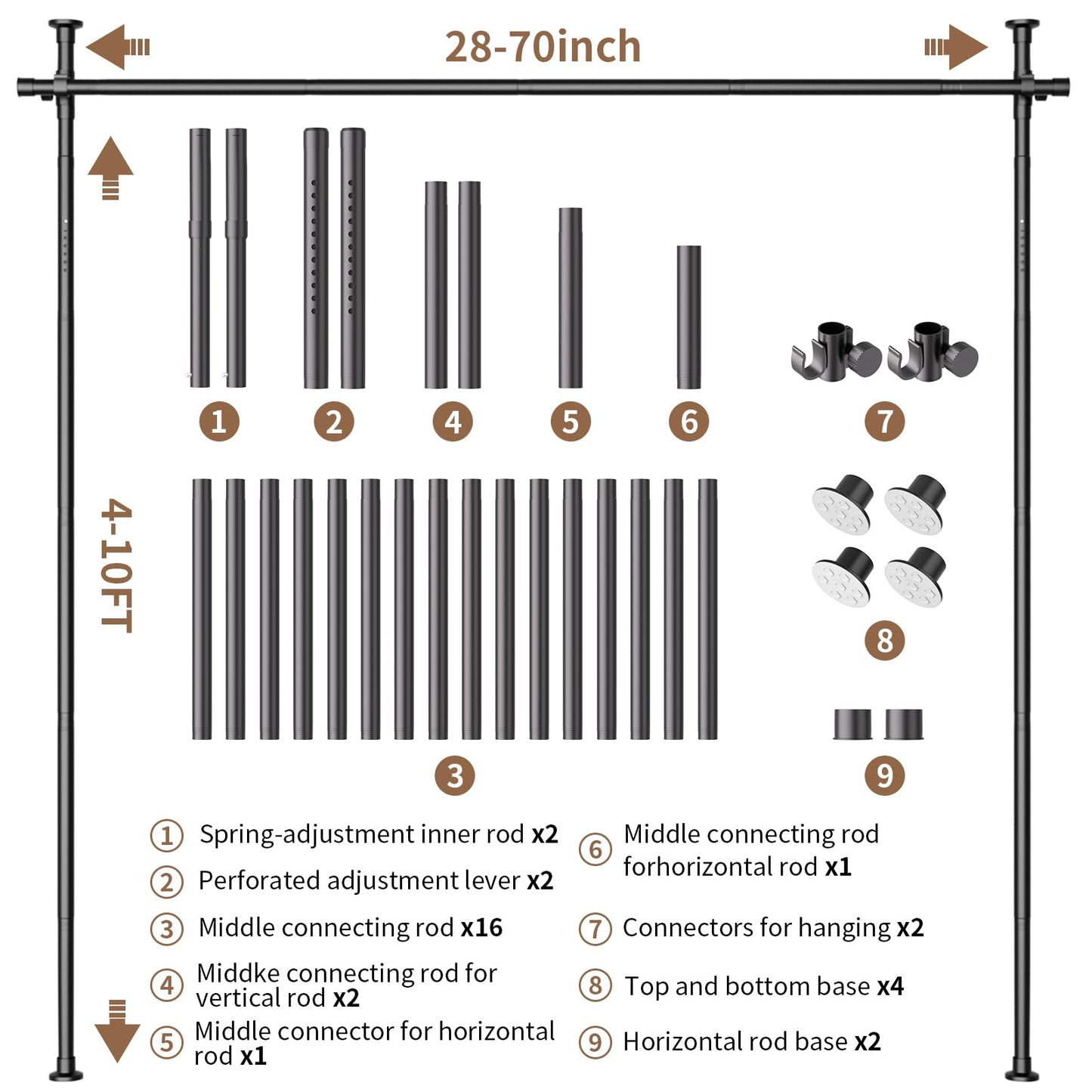 Room Divider Curtain Rod, No Drilling Room Separator for Space Partition Adjustable 4-10ft(H) 28-70inch(W) Heavy Duty Temporary Wall Divider Floor to Ceiling Tension Rod, Black