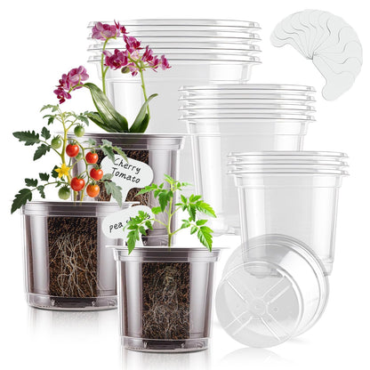 SupKing Clear Nursery Pots 6/5/4 Inch Plastic Seed Starter,12 Pack Plastic Pots for Plants with Drainage Holes for Transplanting Succulents Cuttings Come with 15 Seedlings Labels