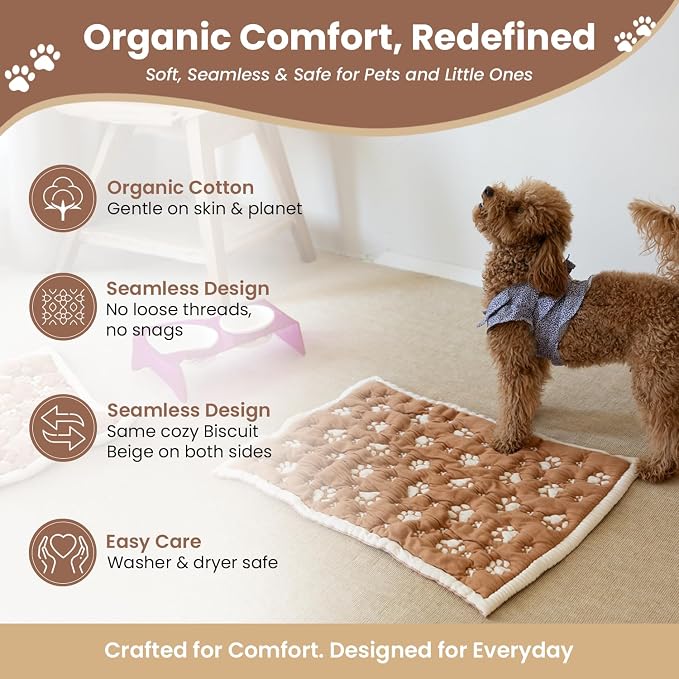 PetMat in Biscuit Beige | Organic Cotton Crate Pad for Small Dogs, Cats & Nursery | Seamless & Reversible | Washable | 3D Knit Comfort | 28x40 in Mat for Crates or Changing Tables