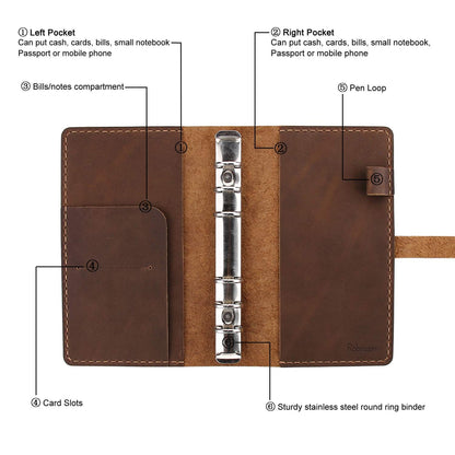 Genuine Leather Journal Writing Notebook, A6 Ring Binder Refillable Diary Notepads, Vintage Handmade Travel Organizer Agenda for Men Women - Brown