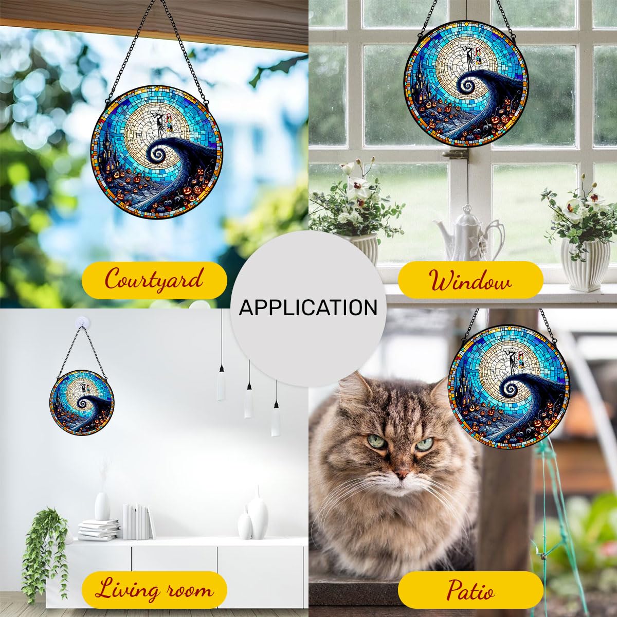 GENANY Spooky Stained Glass Window Hanging, Spring Sun Catcher with Metal Chain and Hook, Romantic Gifts for Women Friends Family, Garden Decor, Housewarming Gifts, Outdoor Decor
