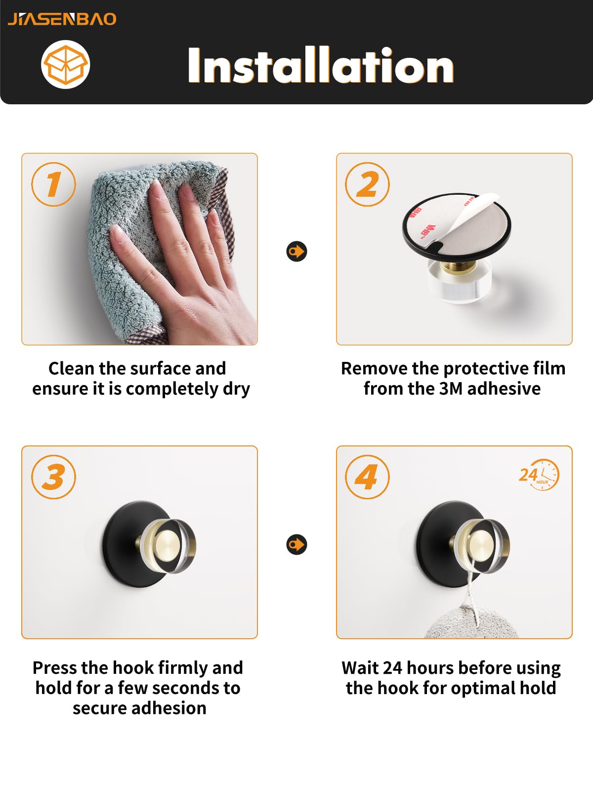 JIASENBAO 4 Pack Adhesive Crystal Towel Hooks for Bathrooms Black Wall Hooks for Hanging Robe Coat Hooks Kitchen Decorative Heavy Duty Zinc Alloy