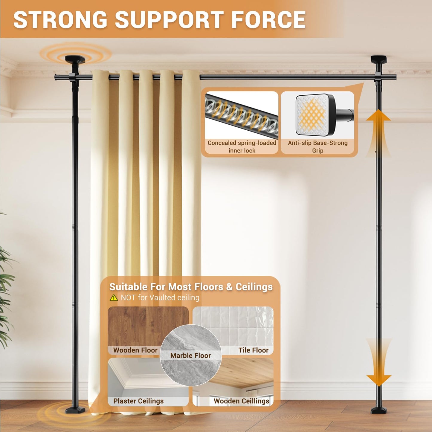 Room Divider Curtain Rod, No Drilling Adjustable Space Partition, Heavy Duty Floor to Ceiling Tension Rod, 4-10ft(H) 28-70inch(W), Temporary Wall Divider for Privacy, Black
