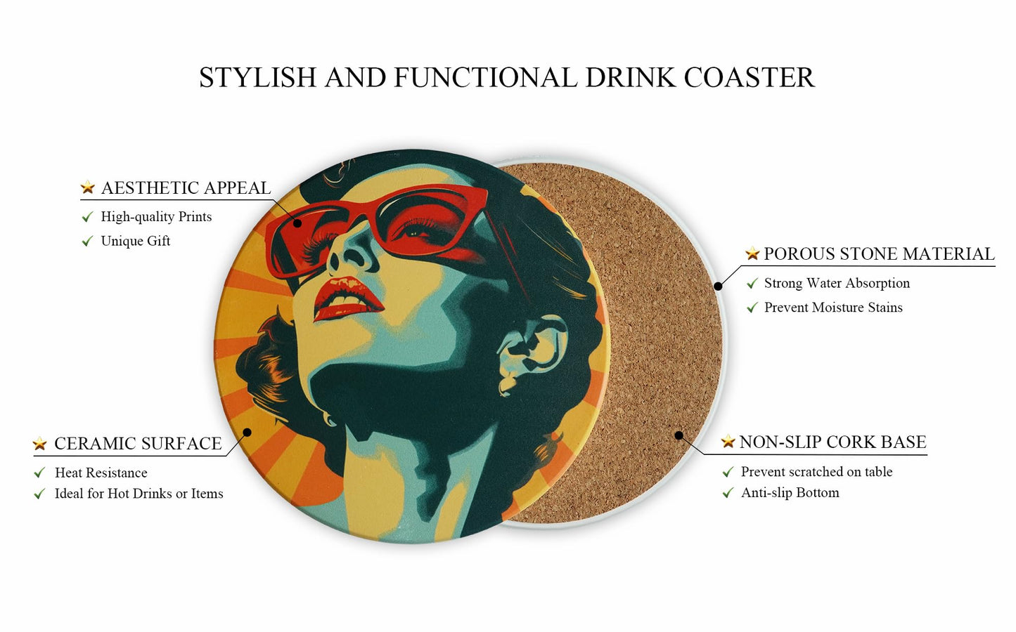 Celercrownv 1950's American Art Retro Coasters Set of 6 with Cork Base and Holder - Cute Absorbent Round Ceramic Aesthetic Drink Coasters Set for Table Decor, Housewarming Gift for Room Bar Decor