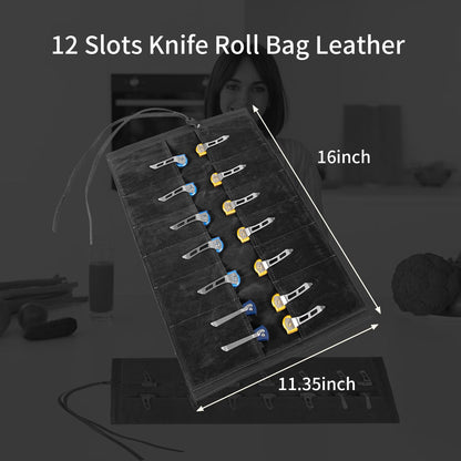 Baizoy Leather Knife Display Bag with 12 Slots Pocket Knives,Folding Knife Holder Organizer,Tactical Outdoor for EDC Mini Knife Bags, Leather Knife roll Collection Protector Bag (Black)