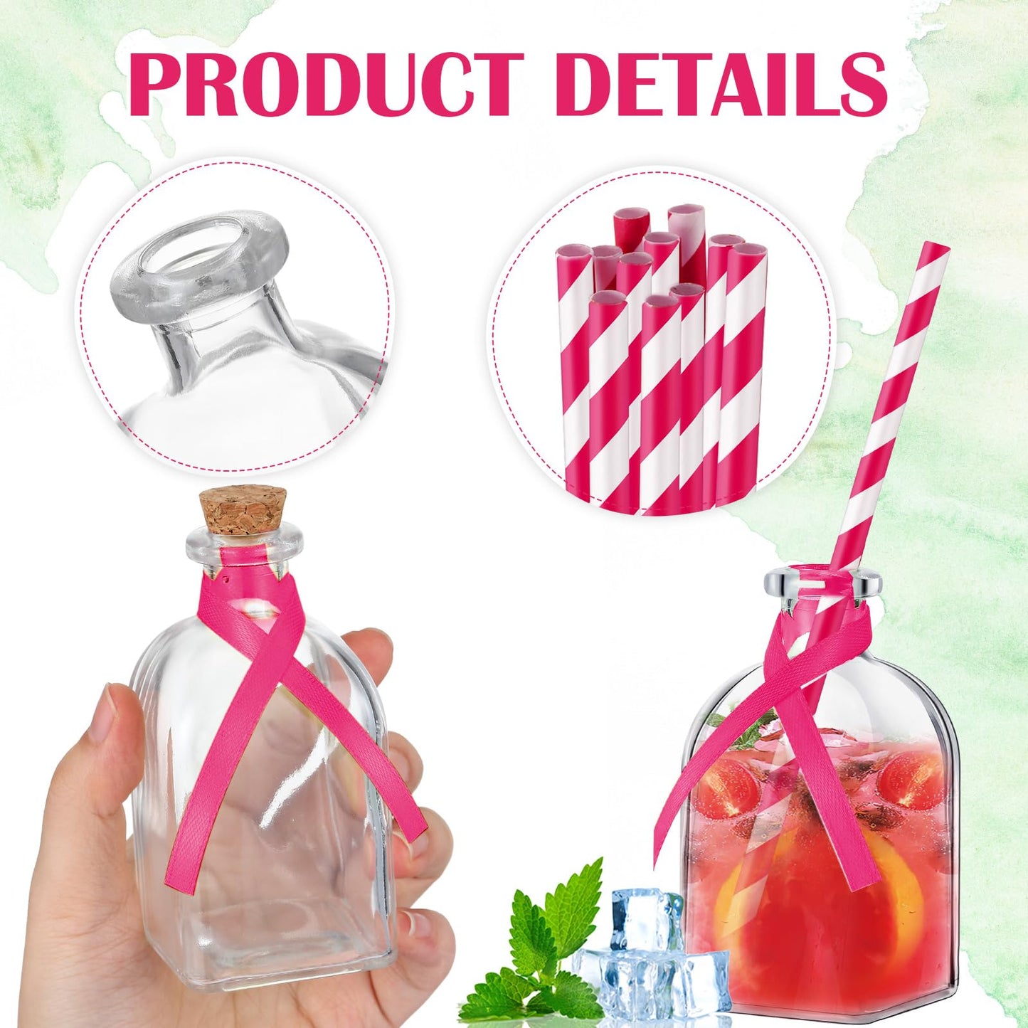 Baderke 12 Pcs Glass Bottles with Cork and Straw 4 oz Mini Empty Glass Bottle for Drinks Reusable Liquor Bottles with Silk Ribbon and Funnels for Cocktail, Wedding Party (Rose Red)