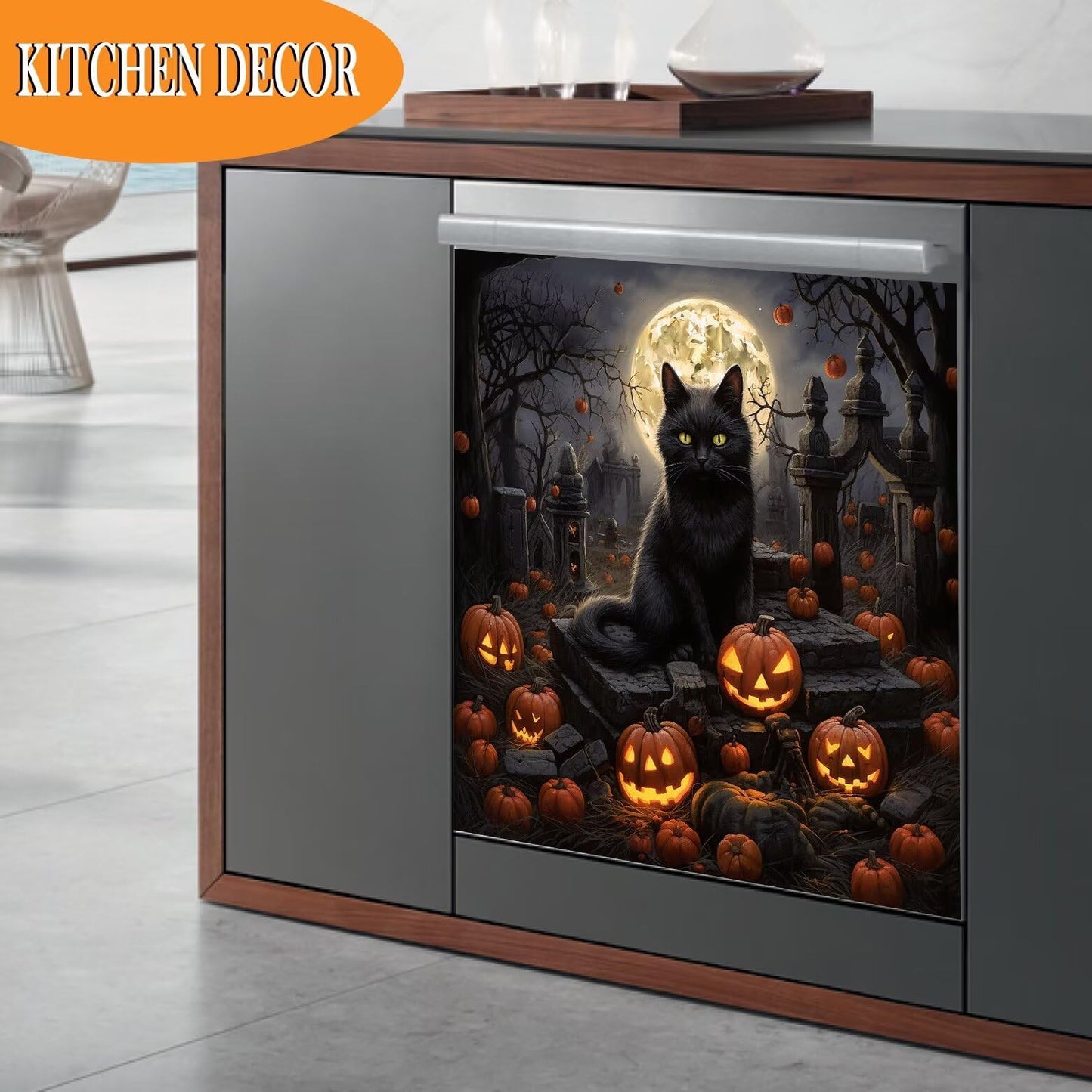 Happy Halloween Magnetic Cover - Cat Magnet Dishwasher Door Cover, Pumpkin Refrigerator Decal, 23Wx26H Inches