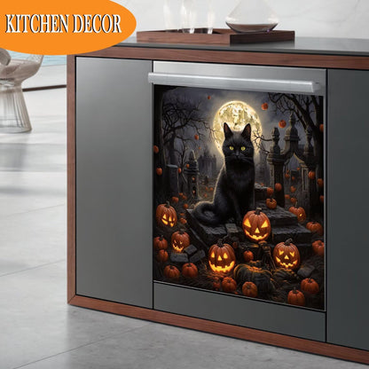 Happy Halloween Magnetic Cover - Cat Magnet Dishwasher Door Cover, Pumpkin Refrigerator Decal, 23Wx26H Inches