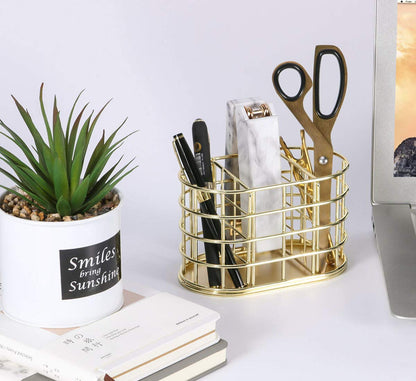 Nugorise Pen Holder, 3 Compartment Metal Pencil Holder Stationery Organizer, Decorative Desktop Storage Holder for Office Supplies, Gold
