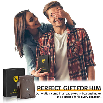 GSOIAX Slim Leather RFID Bifold Wallet for Men Minimalist Front Pocket Wallet with Money Clip,12 Card Slots,ID Window,Cool Groove Design,Includes Gift Box (Leather Brown)