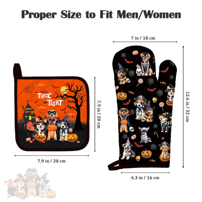 Arquiel Halloween Dog Oven Mitts and Pot Holders Sets 4Pcs, 100% Cotton Heat Resistant, Extra Long Oven Gloves Potholder for Kitchen Cooking Baking Decoration