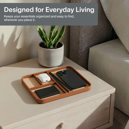 Nordik Leather Valet Tray - Sand Brown - 9.5 x 7.9 Inch Medium Vegan Leather Tray - Stylish Nightstand Organizer for Men - Modern Bedside Caddy - EDC Catchall for Key Watch Wallet Jewellery