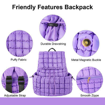 XSUIOY Quilted Backpack Purse for Women Small Lightweight Puffer Puffy College Laptop Backpack Nylon Casual Bookbag Daypack Top Flap Drawstring Padding Hiker Travel Gym Backpack(Purple)